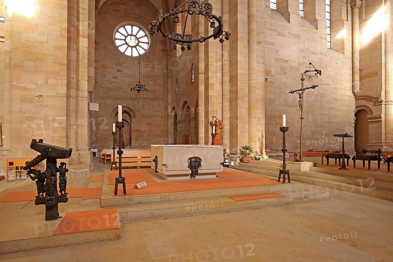 Interior view with chancel of the Romanesque abbey church, altar, candlestick, book stand, Otterberg, Palatinate Forest, Rhineland-Palatinate, Germany, Europe