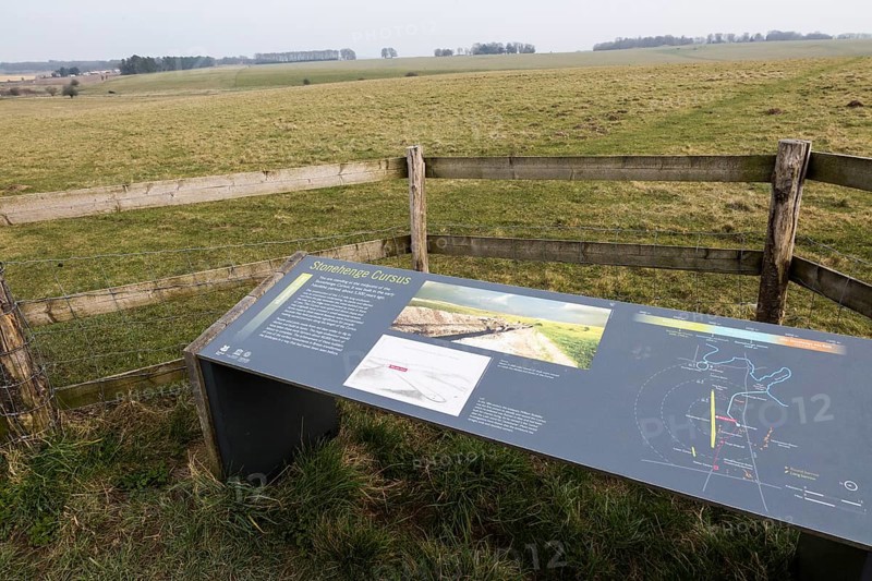 Information panel about the 5, 500 years old Stonehenge Cursus, Wiltshire, England, UK cursus in extreme top left corner