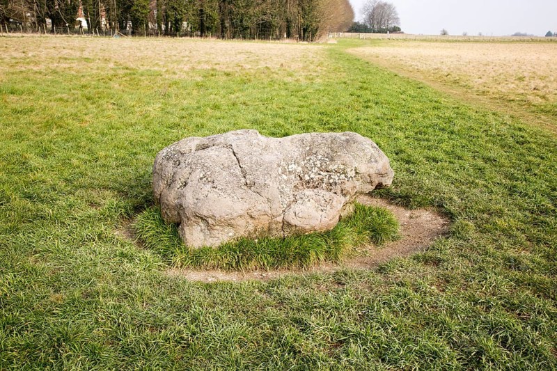 Prehistoric former standing sarsen stone, the Cuckoo Stone, Durrington, Wiltshire, England, UK