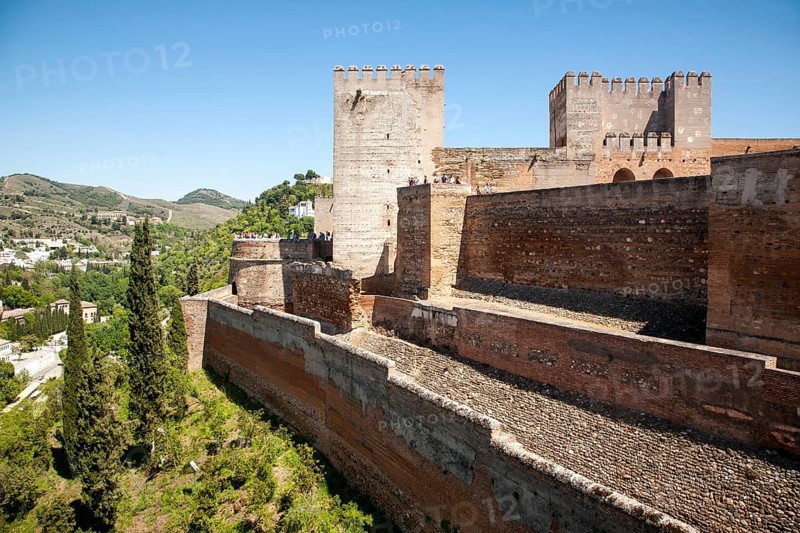 Fortified walls of the Alcazaba castle in the Alhambra complex, Granada, Spain, Europe