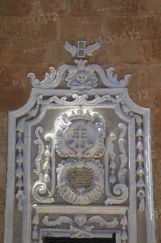 Historic plasterwork detail of religious monument Franciscan Church of St Mary of Jesus, Valletta, Malta, Europe