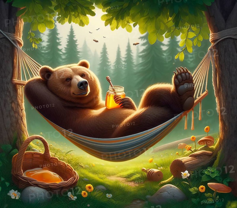 A brown bear lies in a hammock with a jar of honey, AI generated, AI generated
