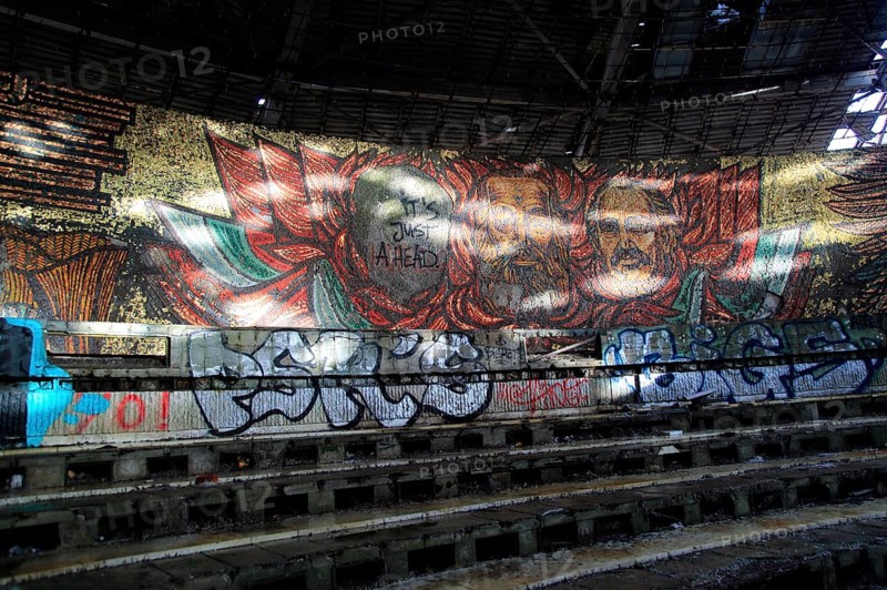 Ruined vandalised interior of Buzludzha monument former communist party headquarters, Bulgaria, eastern Europe, Europe