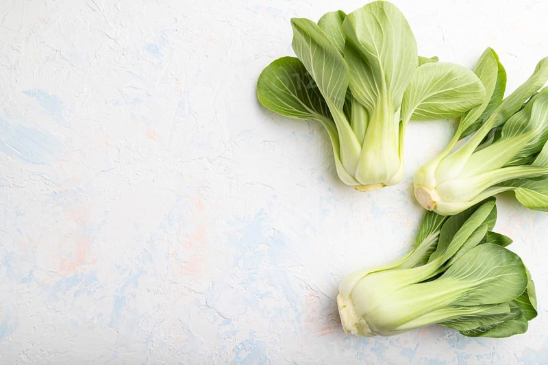 Fresh green bok choy or pac choi chinese cabbage on a white concrete background. Top view, copy space, flat lay