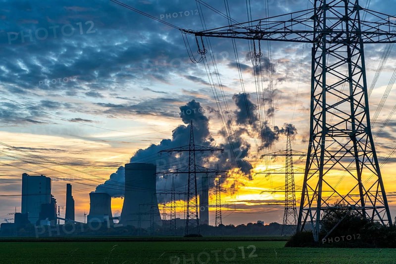 Lignite-fired power plant, RWE Power AG Niederaussem power plant, sunset, Bergheim, North Rhine-Westphalia, Germany, Europe