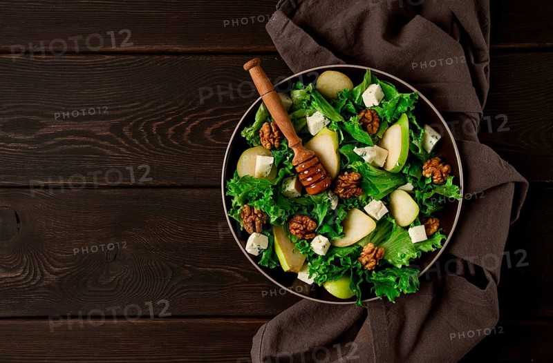 Keto Salad, pear with blue cheese and walnut, selective focus, no people, close-up