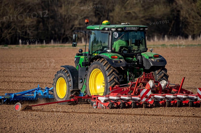 Sugar beet being sown in spring, precision sowing with precision seed drill, behind a tractor, Niederkrüchten, North Rhine-Westphalia, Germany, Europe