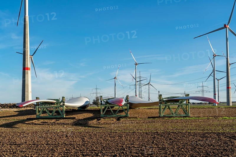Wind farm near Bad Wünnenberg, construction site, storage area for a new wind turbine, components of the mast, the nacelle and the rotors are ready for assembly, North Rhine-Westphalia, Germany, Europe