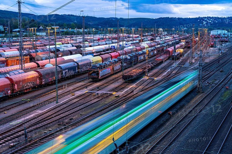 The Hagen-Vorhalle marshalling yard, one of the 9 largest in Germany, is located on the Wuppertal-Dortmund railway line and has 40 directional tracks on which goods trains are assembled, in the evening, North Rhine-Westphalia, Germany, Europe