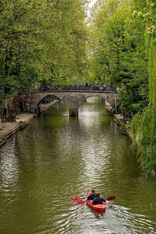Utrecht, Netherlands, historic city centre, Oudegracht, canal, bridge, pedal boats
