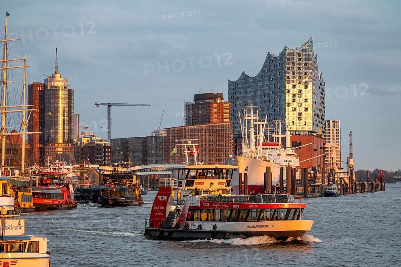 Port of Hamburg, museum ship Cap San Diego at the St. Pauli Landungsbrücken, Elbe Philharmonic Hall, Hadag harbour ferry, Hamburg, Germany, Europe