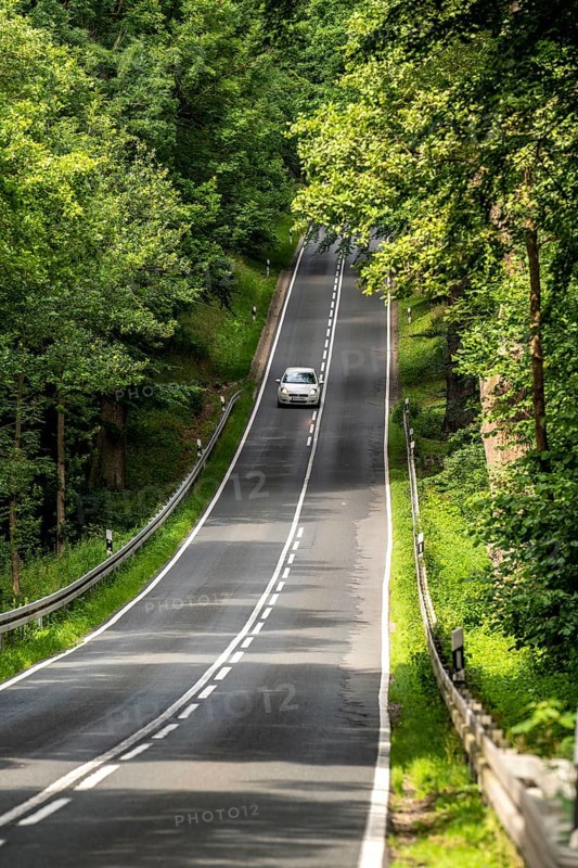 Country road through a forest, near Hofgeismar, in Hesse, Germany, Europe