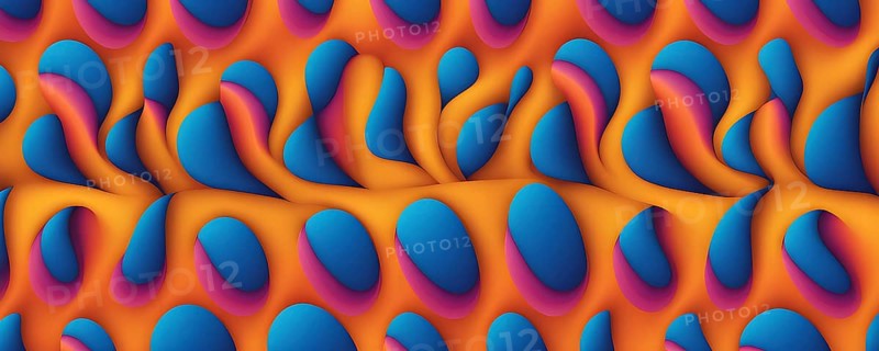 Seamless abstract pattern of vector fluid curved lines creating a dynamic ripple effect in vibrant colors of blue, pink and orange, AI generated