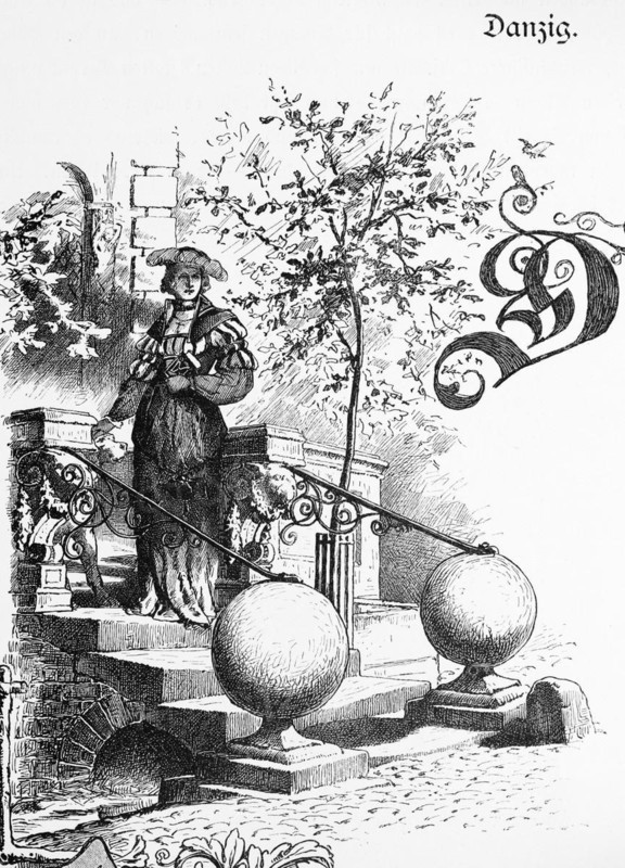 Fashionably dressed lady with hat, Gdansk or Gdansk, Baltic Sea, Poland, stairs, stone ball, tree, house entrance, outdoors, historical illustration 1880, Europe