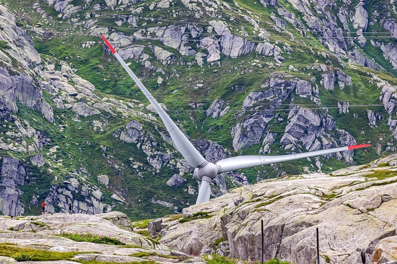 Gotthard Pass. Pass summit with wind turbine, wind power plant. Airolo, Canton Ticino, Switzerland, Europe