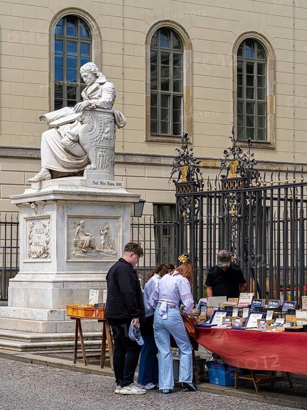 Tourists at the flea market stall in front of Humboldt University, Unter den Linden, Berlin, Germany, Europe