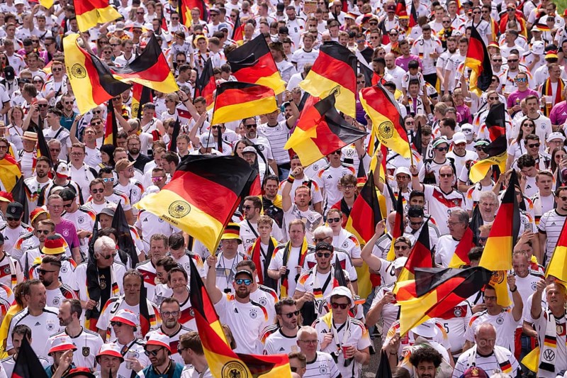 Fan march, German football fans march to the quarter-final Spain versus Germany, UEFA EURO 2024, European Championship, flags, sea of flags, atmosphere, atmospheric, fan club DFB, German Football Association, B14, Cannstatter Straße, Stuttgart, Baden-Württemberg, Germany, Europe