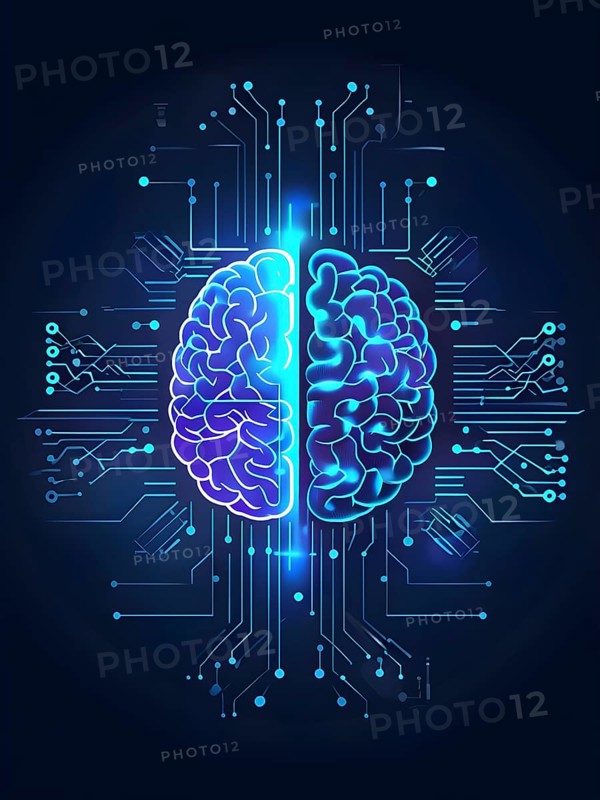 Abstract brain split into two halves, one side athletic motion, the other side neural network, vibrant colors, symbol for artificial intelligence in sport, AI generated