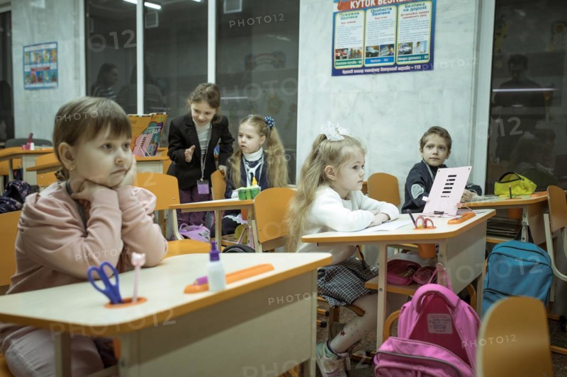 Pupils in a classroom in one of the metro schools in Kharkiv. Classrooms were set up in various metro stations in the city in order to keep classes running even during an air raid, Metro Universytet, Kharkiv, Ukraine, Europe