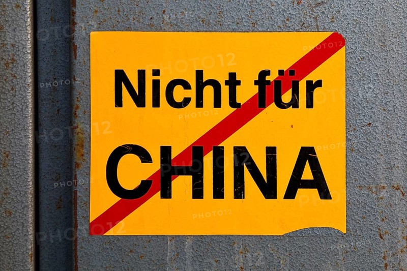 Sticker Not for China, Henrichshütte where parts of the plant were sold to China, Hattingen, Ruhr area, North Rhine-Westphalia, Germany, Europe