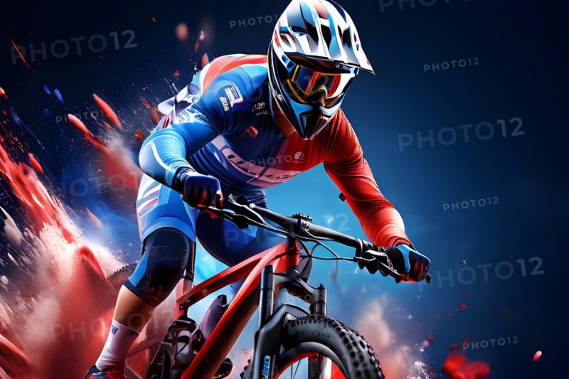 Olympic 2024 mountain biker metamorphosed into fluid abstract shapes french tricolor blue white red, AI generated