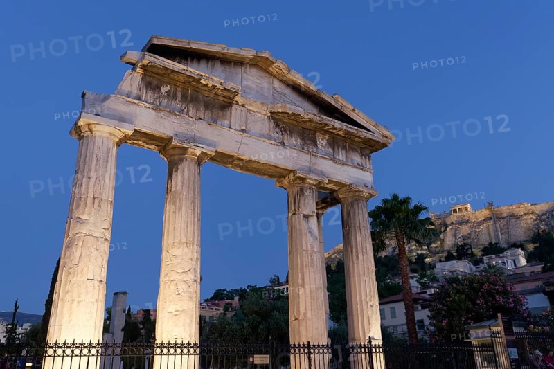 Tor tor of Athena Archegetes with Doric columns, blue hour, Roman Agora, Athens, Greece, Europe