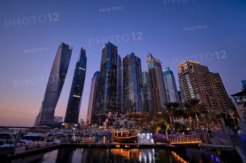 Marina, Skyline, Cayan Tower, DAMAC Heights, Logo, Dubai Marina, twilight, blue hour, Dubai, United Arab Emirates, VAR, Asia