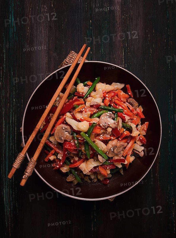 Wok, Asian-style vegetables, street food, mixed vegetables, no people, top view