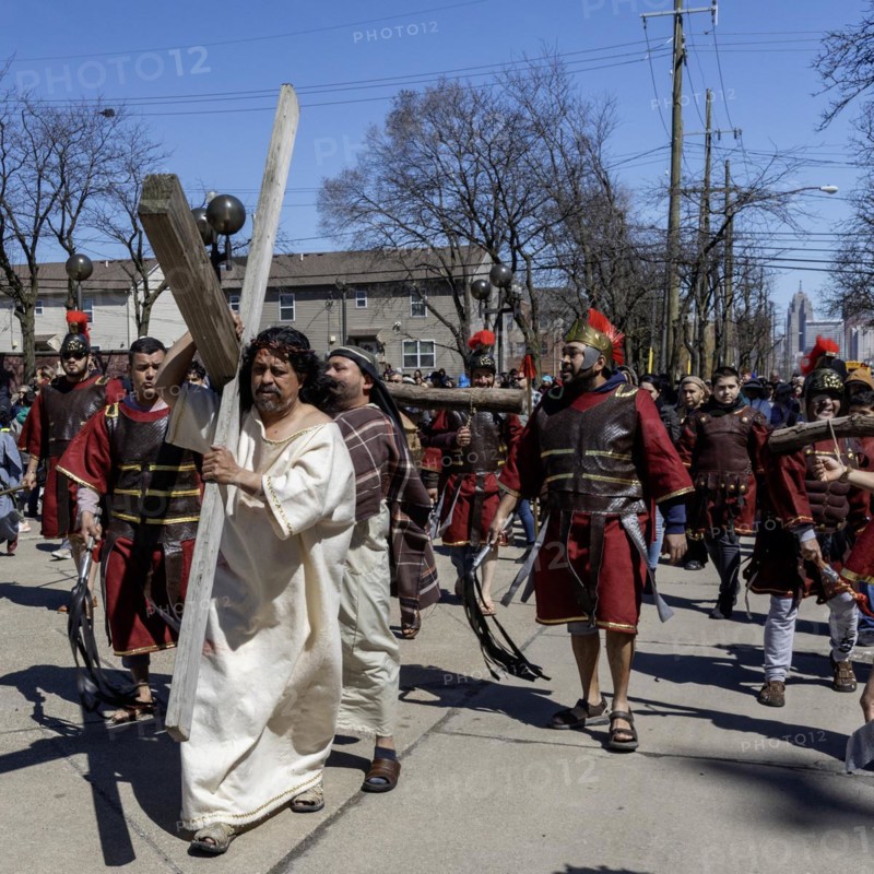Detroit, Michigan, The Stations of the Cross are portrayed, in Spanish, on Good Friday at the Catholic Basilica of Ste. Anne. Ste. Anne was founded by French colonists in 1701. The church now serves a mostly Mexican-American community