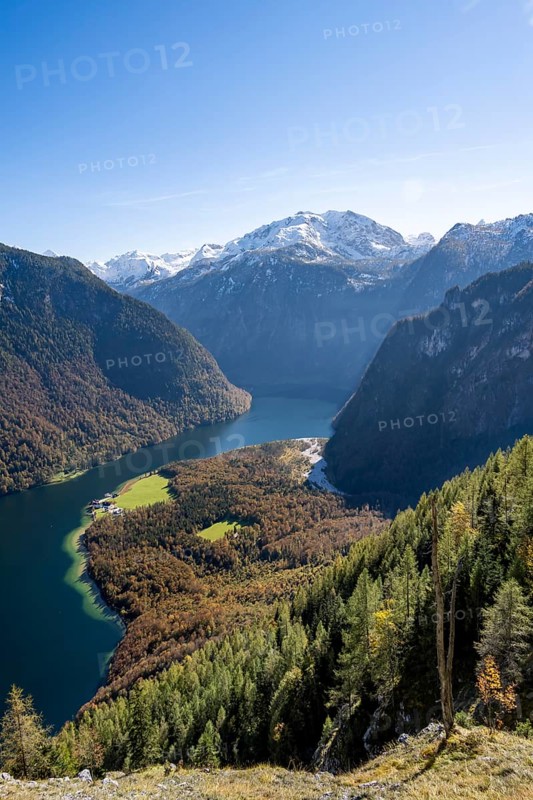 View of the Königssee with St. Bartholomä church, from the Rinnkendlsteig mountain hiking trail, autumn forest and snow-covered mountains, Berchtesgaden National Park, Berchtesgadener Land, Upper Bavaria, Bavaria, Germany, Europe