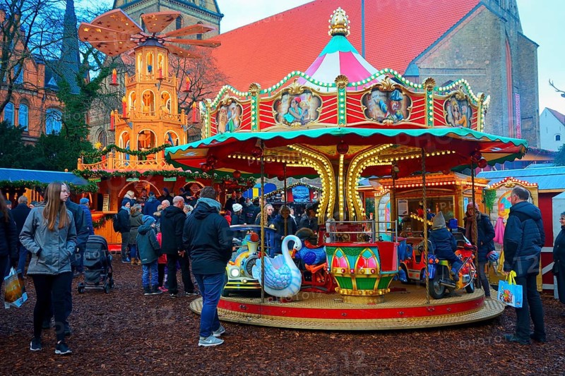 Children's carousel at Christmas market in Flensburg, Schleswig-Holstein, Germany, Europe