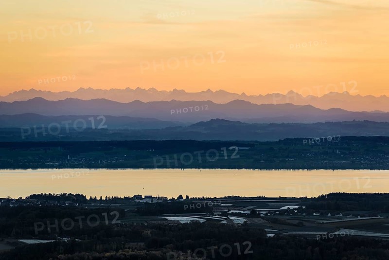 View of Lake Constance and the Swiss Alps from the Gehrenberg, sunset, Markdorf, Lake Constance, Baden-Württemberg, Germany, Europe