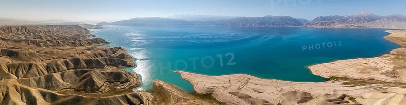 Aerial view, erosion landscape on the Naryn River, Toktogul Reservoir, Kyrgyzstan, Asia