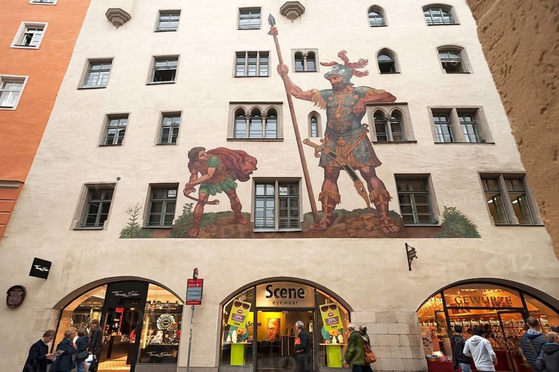 The Goliath House, a crenellated former patrician castle, 13th century, painting of David and Goliath painted in 1773 by Melchor Bocksberger, Regensburg, Upper Palatinate, Bavaria, Germany, Europe