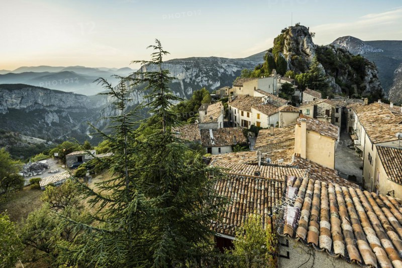 Mountain village, sunrise, Rougon, Verdon Gorge, Gorges du Verdon, Alpes-de-Haute-Provence department, Provence-Alpes-Côte d'Azur region, France, Europe