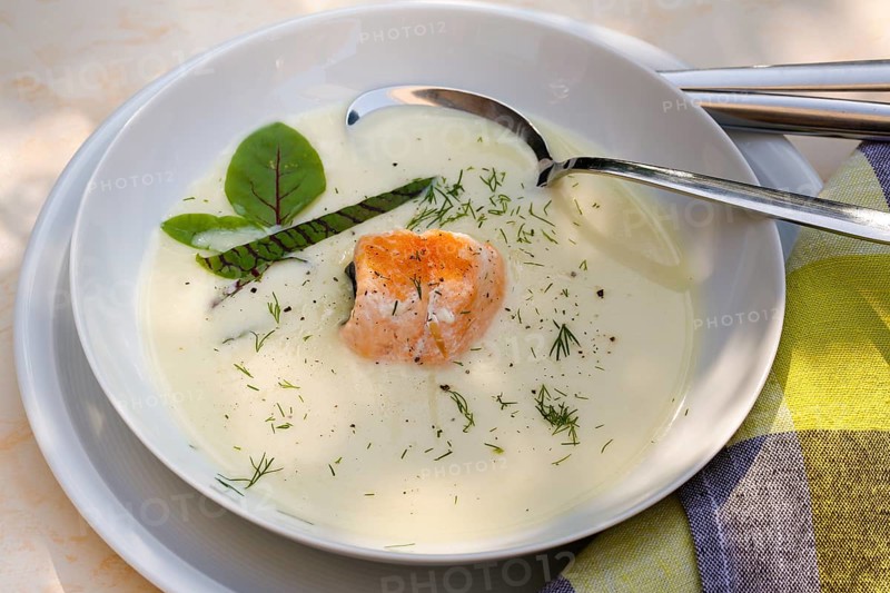Southern German cuisine, sorrel soup with char, freshwater fish, soup arranged in a plate, herbs, fresh sorrel, blood sorrel, dill, toothpick, savoury, salty, traditional cuisine, food photography, studio, Germany, Europe