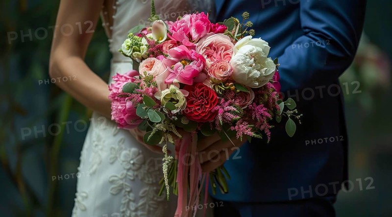 Groom and a bride hold hands together with wedding flower bouquet. Concept of strong love and devotion., AI generated