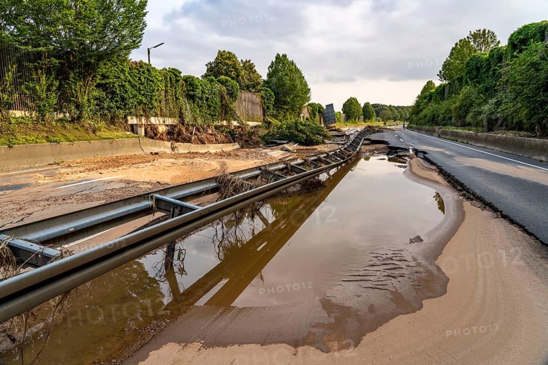 Flood on the Erft, here the federal road B265 destroyed by the water, Erftstadt, North Rhine-Westphalia, Germany, Europe