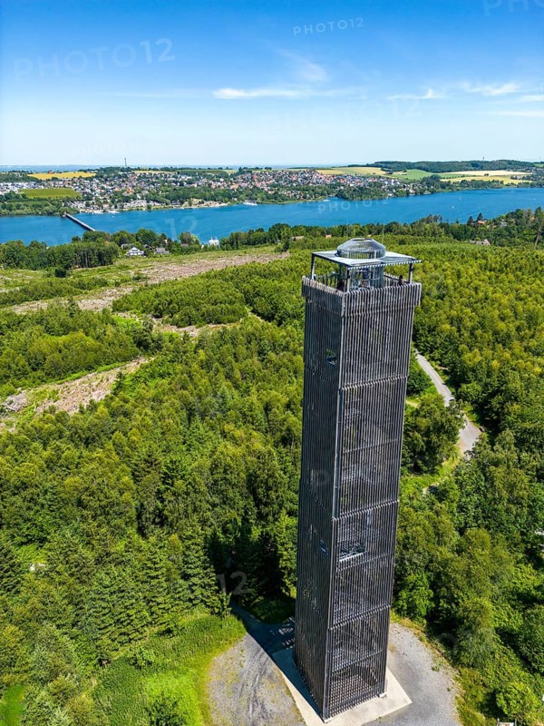 Lake Möhnesee, reservoir in the northern Sauerland, view from the Möhnesee tower, observation tower on the southern shore, North Rhine-Westphalia, Germany, Europe