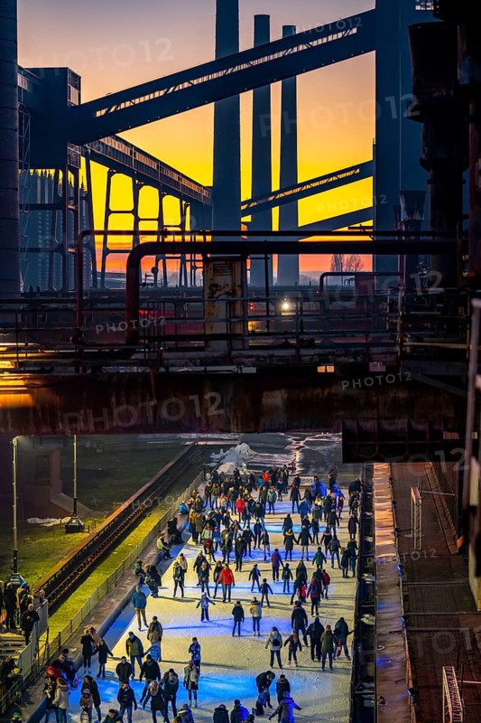 Ice rink at the Zollverein coking plant, Zollverein World Heritage Site, Essen, Germany, Europe