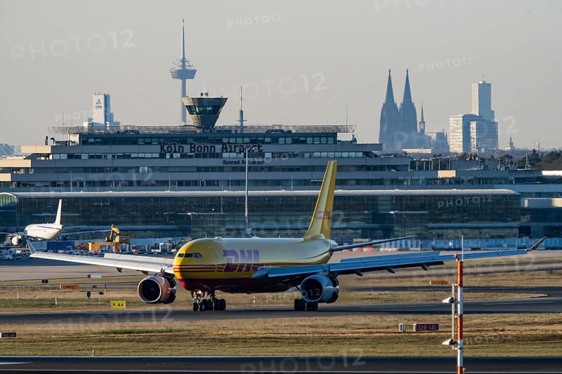 DHL Airbus A330-243F, cargo aircraft landing at Cologne-Bonn Airport, North Rhine-Westphalia, Germany, Europe