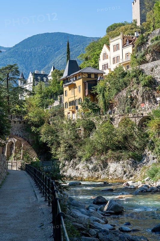 City view, skyline of Merano, river Passer, Passerprommenade, South Tyrol, Italy, Europe