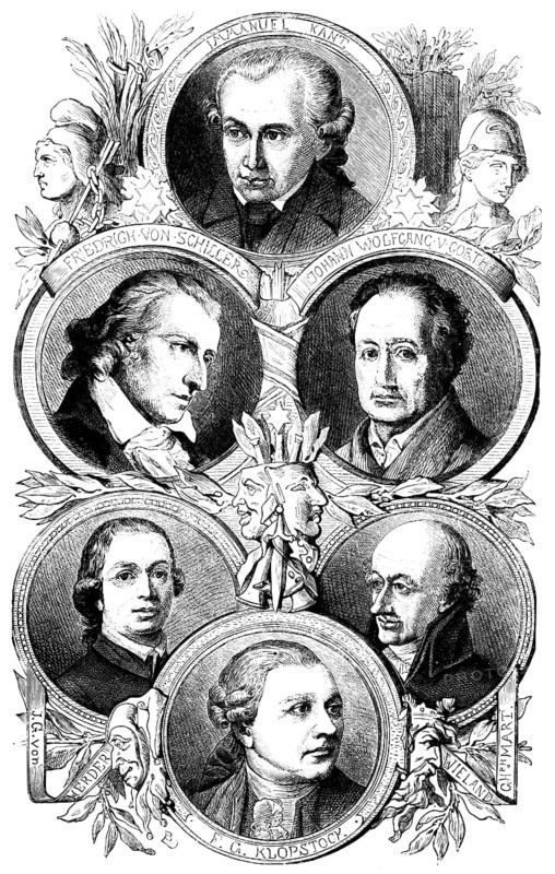 Portraits of German writers and scholars in the 18th century, Immanuel Kant, Friedrich von Schiller, Johann Wolfgang von Goethe, Johann Gottfried Herder, Friedrich Gottfried Klopstock, Christph Martin Wieland, literature, heyday, philosophy, art, ornamentation, names, round frame, Prussia, Germany, historical illustration 1882, Europe