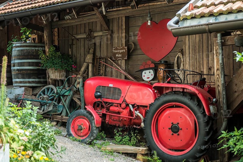 Historic mill and old tractor, Mühlenweg, Ottenhöfen, Ortenau, Black Forest, Baden-Württemberg, Germany, Europe