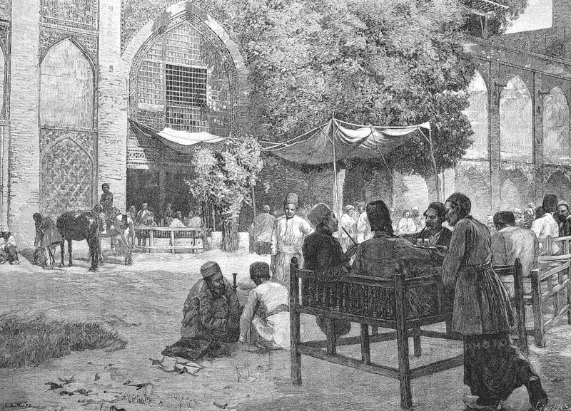 Men, Tea Drinkers in Isfahan, Ispahan, in Iran, Historical, digitally restored reproduction from a 19th century original, c. 1890, Record date not stated
