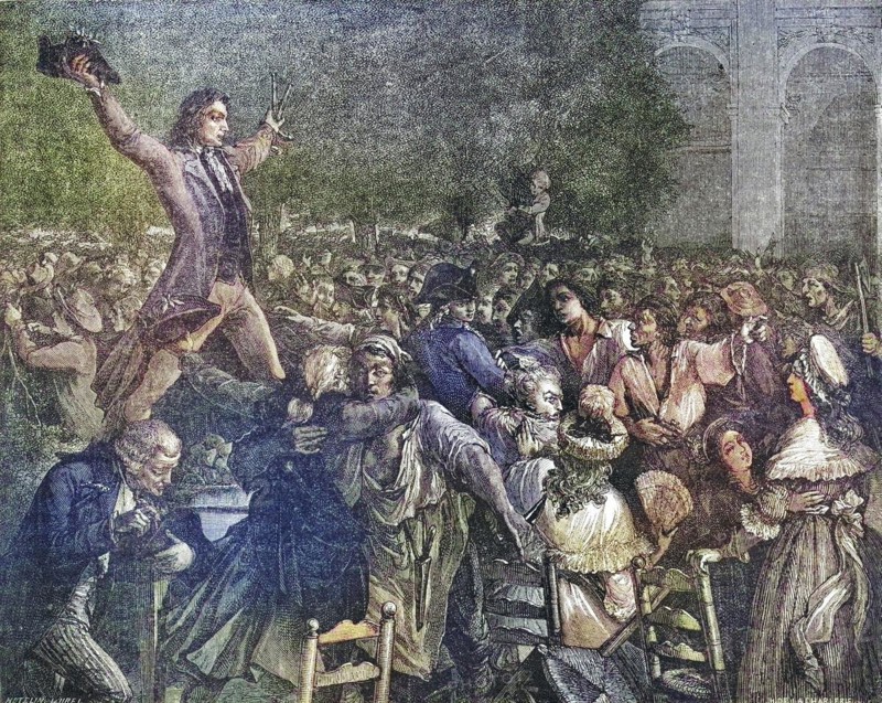 Application in the Palais Royal by Camille Desmoulins, 1789, France, Historic, digitally restored reproduction from a 19th century original, Record date not stated, Europe