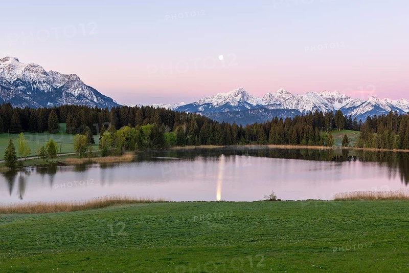 Hegratsrieder See near Füssen, Allgäu Alps, snow, moon, dawn, Allgäu, Bavaria, Germany, Europe