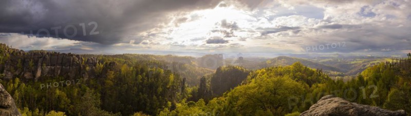 View of the Schrammstein chain, the Falkenstein and the Lilienstein from the Carolafelsen, Bad Schandau, Saxony, Germany, Europe