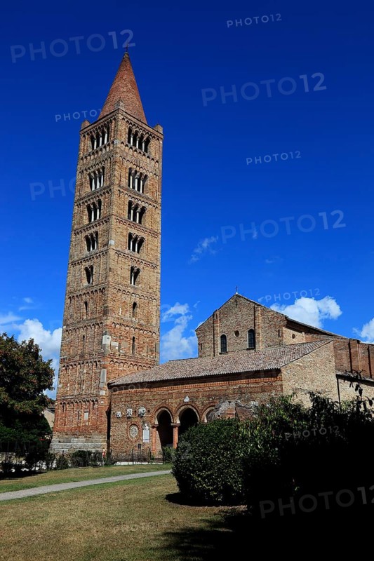 Pomposa, Abbatia Sanctae Mariae Pomposae, former abbey of the Benedictine order at the mouth of the Po, municipality of Codigoro, Ferrara, Emilia-Romagna, Italy / Pomposa Abbey is a Benedictine monastery in the comune of Codigoro on the Adriatic coast near Ferrara, Italy, Europe