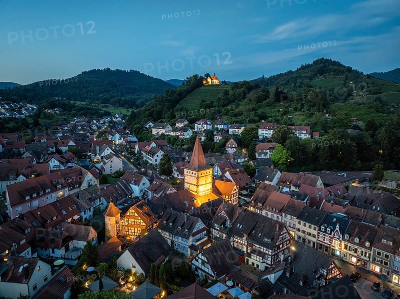 The old town of Gengenbach at the blue hour, with the Haigeracher Tor, town gate, and the Jakobuskapelle, mountain chapel on a vineyard, sights and landmarks of Gengenbach, aerial view, night view, Ortenaukreis, Baden-Württemberg, Germany, Europe